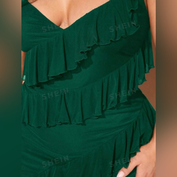 NWT & BAG SHEIN BAE Plus Size Women Ruffled Hem Slit Dress DARK GREEN - Picture 6 of 7